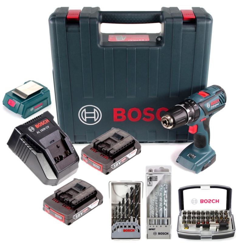 Bosch GSB 18-2-Li Plus Schlagbohrschrauber Professional 18 V im Koffer + 2x GBA 2,0 Ah + Bosch AL 1820 CV Schnellladegert + Bosch 32 teiliges Bit Set + Bosch 5 tlg. Steinbohrer Set + Bosch Holzbohrer Set 7 tlg + Bosch USB Ladegert Adapter