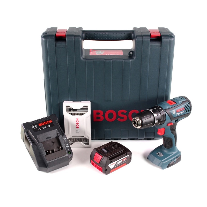 Bosch GSB 18-2-Li Plus Taladro de impacto profesional 18 V en maletn + 1 batera GBA 4,0 Ah + cargador + juego de accesorios de 25 piezas (0615990K4B)