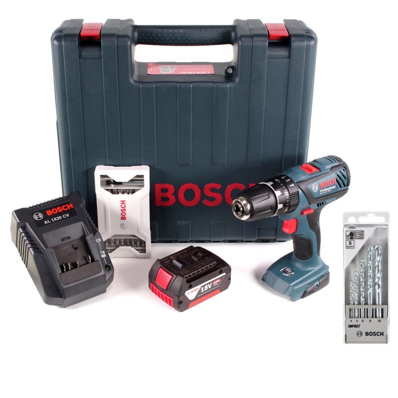 Bosch GSB 18-2-Li Plus Taladro de impacto Professional 18 V en maletn + 1x batera GBA 4,0 Ah + cargador + set de accesorios de 30 piezas broca y taladro
