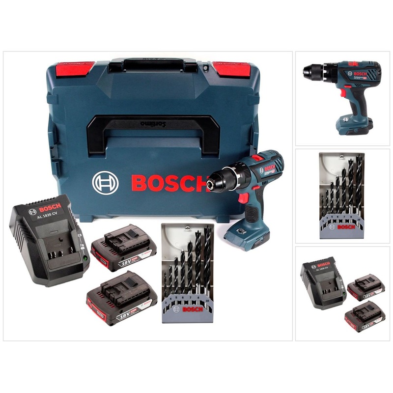 Bosch GSB 18 V-28 Professional Taladro percutor a batera Li-Ion de 18 V en L-Boxx + 2 bateras de 2,0 Ah + cargador + juego de brocas helicoidales para madera de 7 piezas