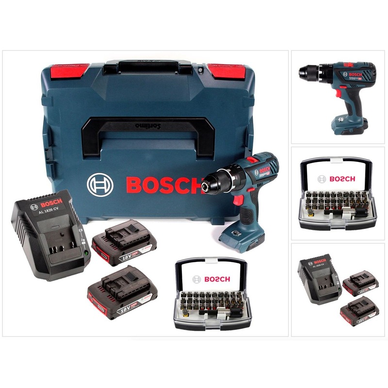 Bosch GSB 18 V-28 Professional Taladro percutor a batera Li-Ion de 18 V en L-Boxx + 2 bateras de 2,0 Ah + cargador + juego de puntas de 32 piezas