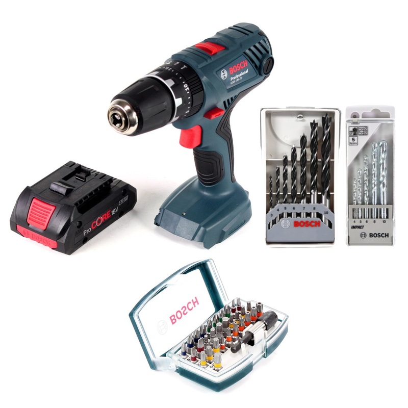 Bosch Professional Taladro percutor inalmbrico GSB 18V-21 18V 55Nm + 1x batera ProCORE 4.0Ah + set broca y taladro