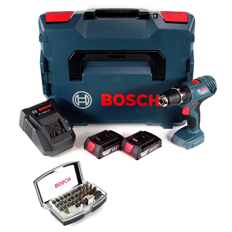 Bosch Professional Taladro percutor inalmbrico GSB 18V-21 18V 55Nm + 2x bateras 2.0Ah + cargador + juego de puntas + L-Boxx