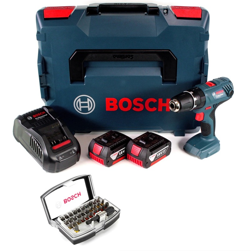 Bosch Professional Taladro percutor inalmbrico GSB 18V-21 18V 55Nm + 2x bateras 3.0Ah + cargador + juego de puntas + L-Boxx