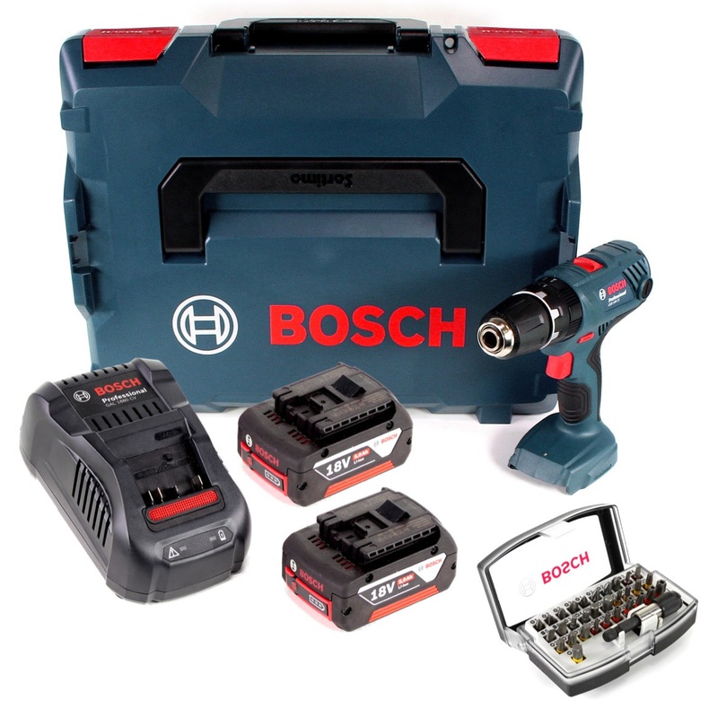 Bosch Professional Taladro percutor inalmbrico GSB 18V-21 18V 55Nm + 2x bateras 5.0Ah + cargador + juego de puntas + L-Boxx