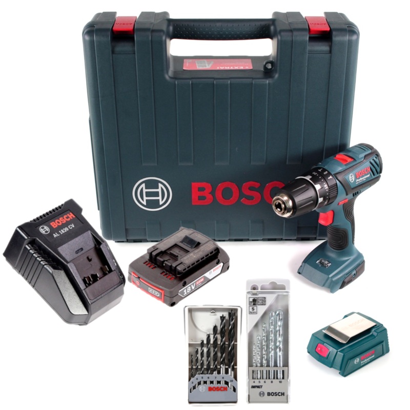 Bosch Taladro de impacto GSB 18-2-Li Plus Professional 18 V en maletn + 1x GBA 2,0 Ah + cargador rpido + juego de taladros para piedra de 5 piezas + juego de taladros para madera de 7 piezas + adaptador de cargador USB
