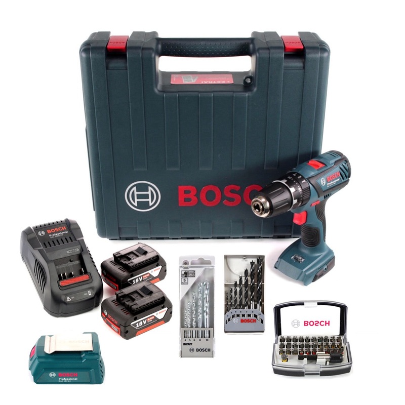 Bosch Taladro de impacto GSB 18-2-Li Plus Professional 18 V en maletn + 2x batera GBA 6,0 Ah + cargador rpido + juego de puntas de 32 piezas + juego de brocas para piedra de 5 piezas + juego de brocas para madera de 7 piezas + adaptador USB