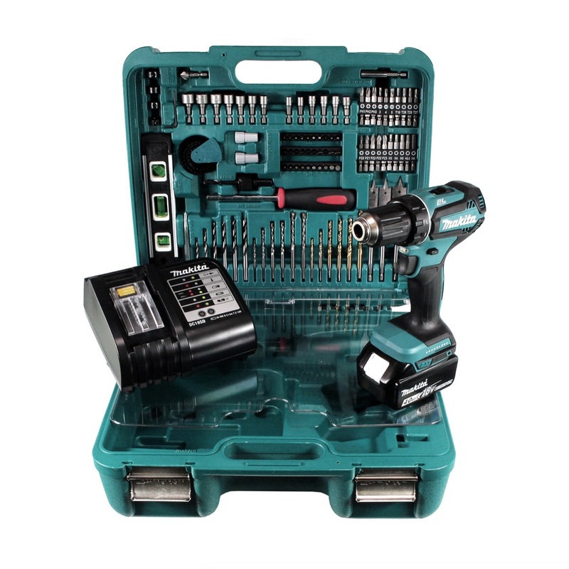 Makita DDF 485 SMTK taladro atornillador inalmbrico 18 V 50 Nm + 1x batera 4,0 Ah + cargador + juego de herramientas de 101 piezas en estuche