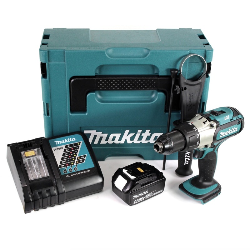 Makita DHP 451 RT1J Taladro percutor con batera de iones de litio de 3. velocidad de 18 V en Makpac + 1 batera de 5,0 Ah + cargador rpido