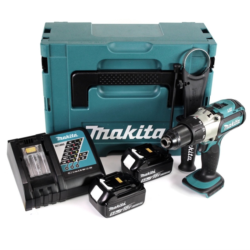 Makita DHP 451 RTJ Taladro percutor con batera de iones de litio de 3. velocidad de 18 V en Makpac + 2 bateras de 5,0 Ah + cargador rpido