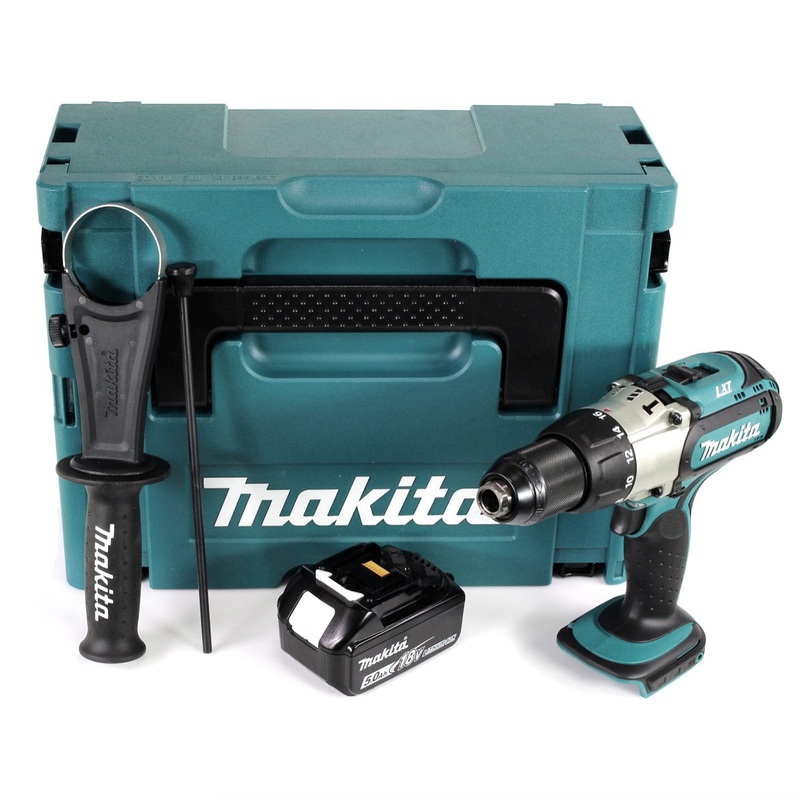 Makita DHP 451 Taladro percutor a batera de iones de litio de 3. velocidad de 18 V en Makpac + 1 batera de 5,0 Ah - sin cargador
