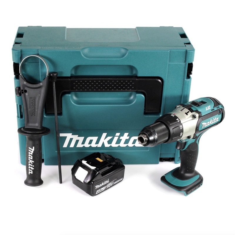 Makita DHP 451 Taladro percutor a batera Li-Ion de 18 V y 3. marcha en Makpac + 1 batera de 4,0 Ah - sin cargador