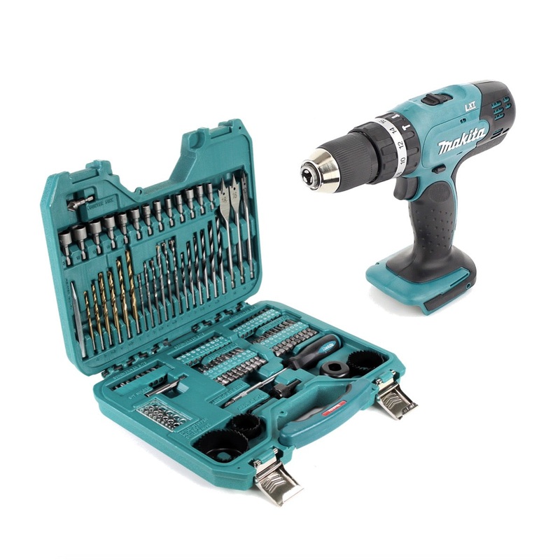 Makita DHP 453 Z Taladro percutor inalmbrico 18V 42Nm Solo + juego de 100 puntas, taladro y llaves de tubo sin batera, sin cargador