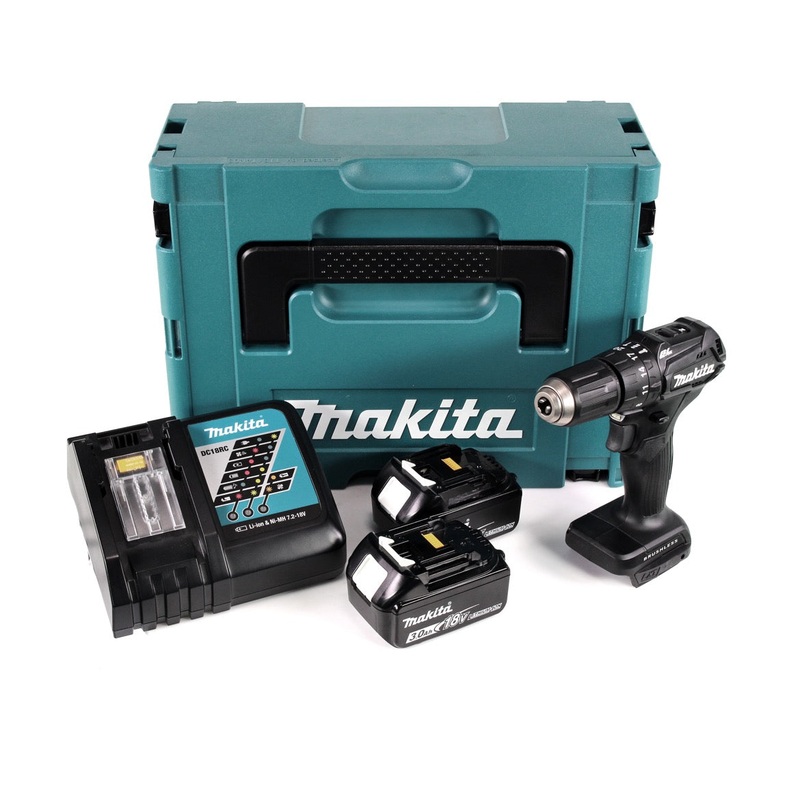 Makita DHP 483 RFJB taladro percutor inalmbrico 18 V 40Nm negro en Makpac + 2x batera 3.0Ah + cargador