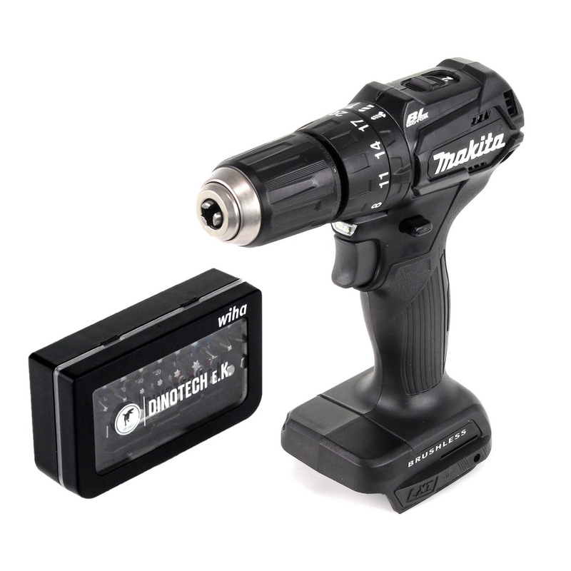 Makita DHP 483 ZB Taladro percutor inalmbrico 18 V 40Nm negro solo + 31 piezas. Juego de puntas - sin batera, sin cargador