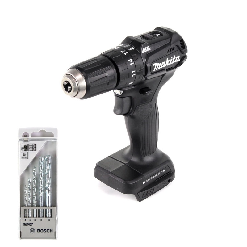 Makita DHP 483 ZB Taladro percutor inalmbrico 18 V 40Nm negro solo + 5 piezas. Juego de taladros - sin batera, sin cargador