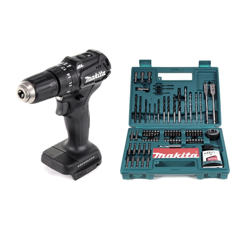 Makita DHP 483 ZB Taladro percutor inalmbrico 18 V 40Nm Solo negro + 100 piezas. Juego de brocas y brocas