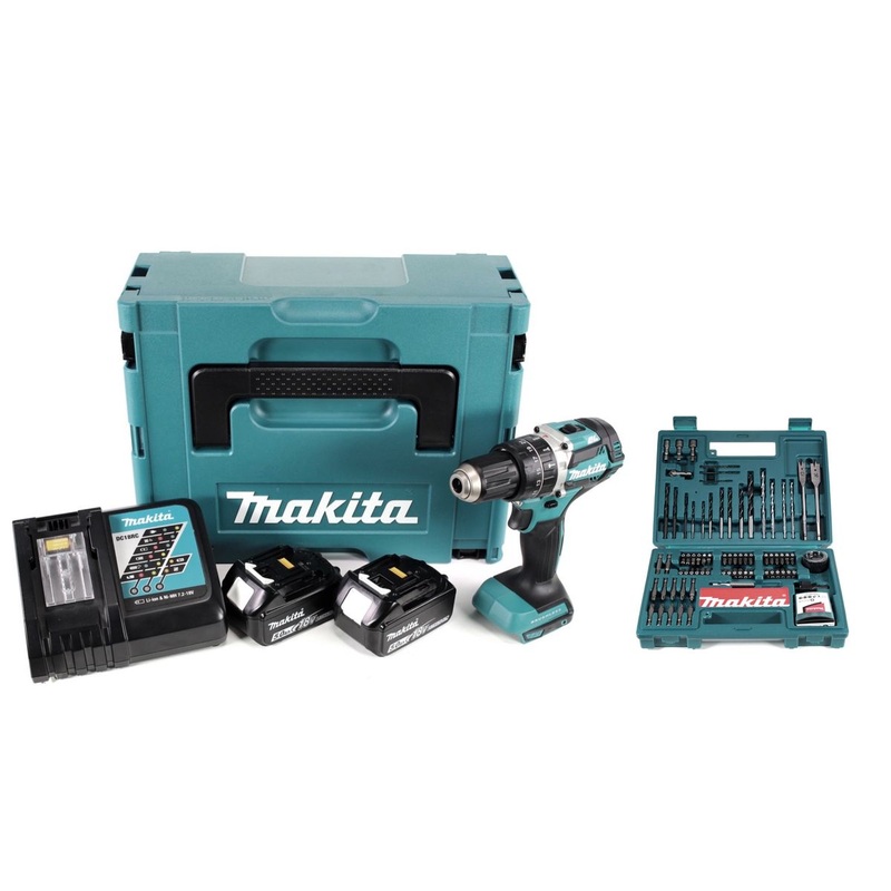 Makita DHP 484 RTJ Taladro percutor a batera Li-Ion sin escobillas de 18 V en Makpac incl. 2 bateras de 5,0 Ah y cargador + juego de brocas y brocas Makita B-53811 de 100 piezas