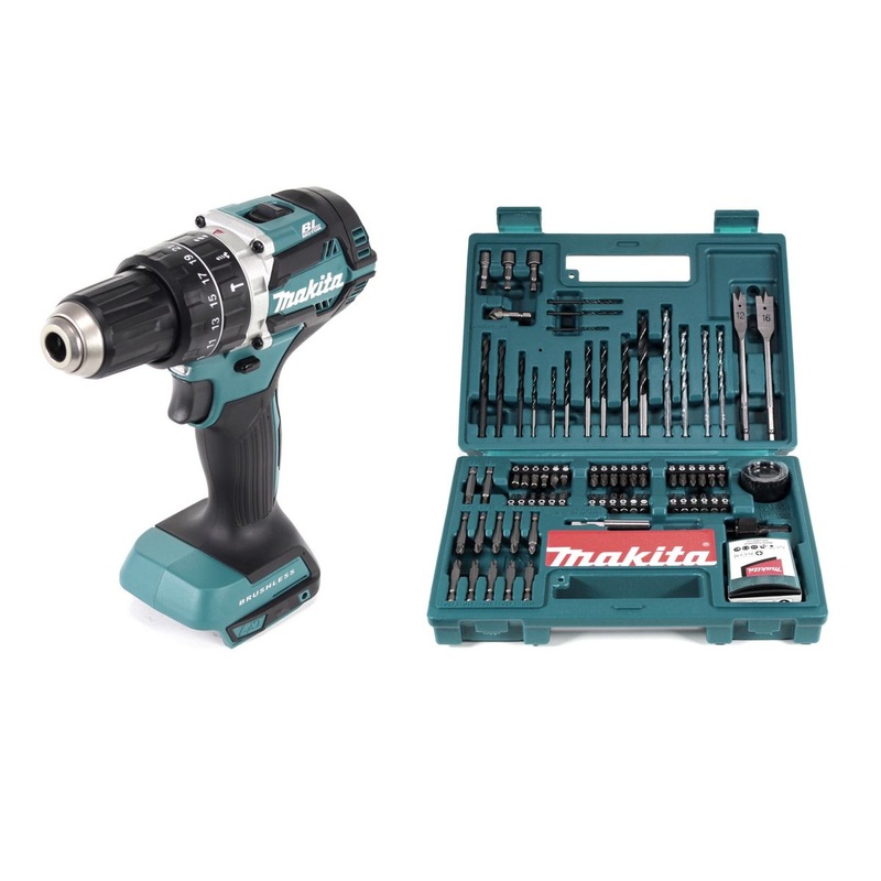 Makita DHP 484 Z 18 V Taladro percutor inalmbrico sin escobillas Li-Ion Solo + Makita B-53811 Juego de brocas y brocas 100 piezas