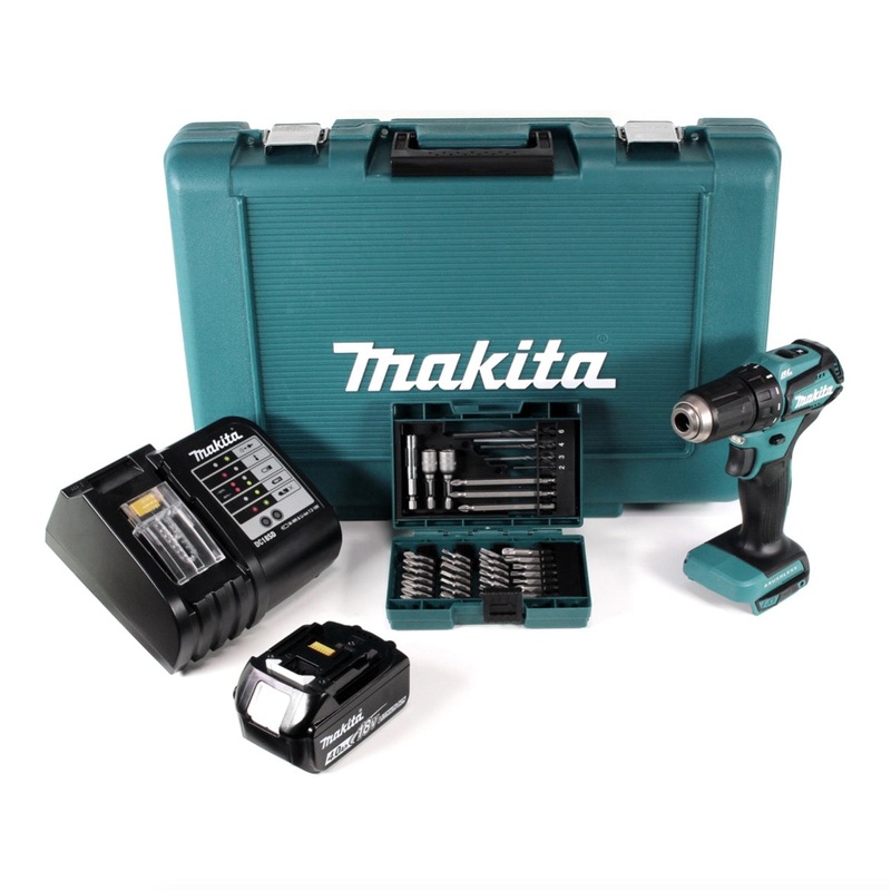Taladro atornillador a batera Makita DDF 483 ST1 18 V 40 Nm en Makpac + 1 batera de 5,0 Ah + cargador + juego de brocas y brocas de 38 piezas
