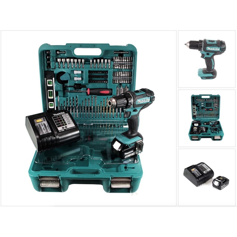 Taladro atornillador inalmbrico Makita DDF 482 SMTK 18 V 62 Nm + 1x batera 4,0 Ah + cargador + maletn con 101 piezas. Conjunto de accesorios