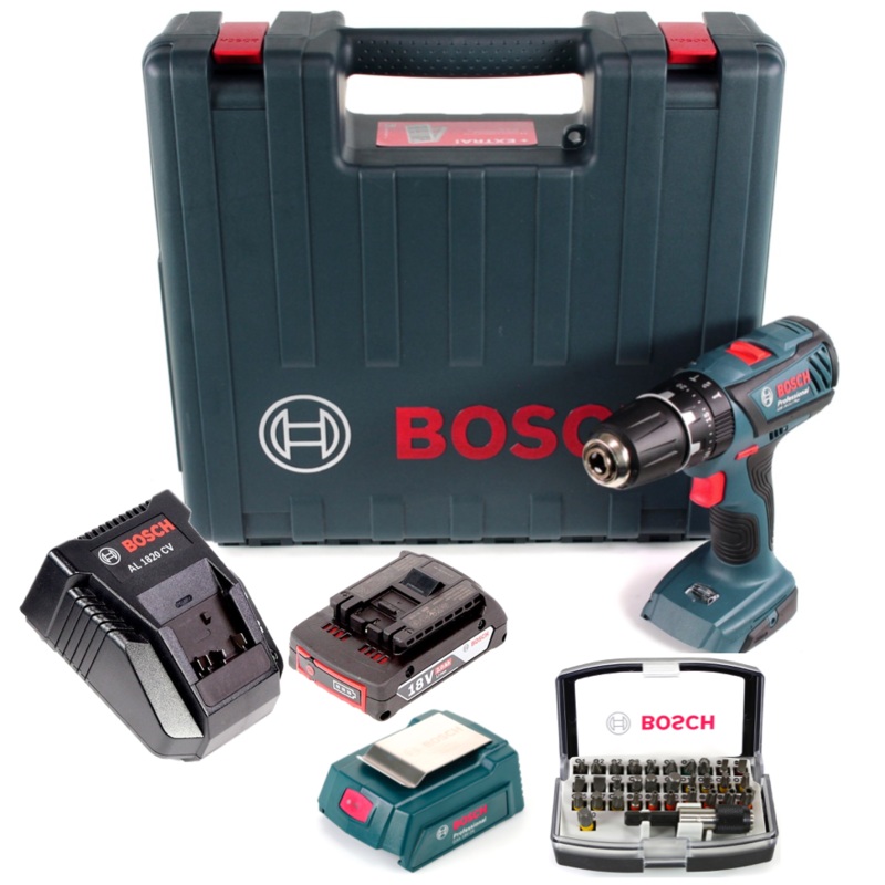 Taladro de impacto Bosch GSB 18-2-Li Plus Professional 18 V en maletn + 1x batera GBA 2,0 Ah + Cargador rpido Bosch AL 1820 CV + Juego de puntas Bosch de 32 piezas + Adaptador de cargador USB Bosch para bateras de 18V