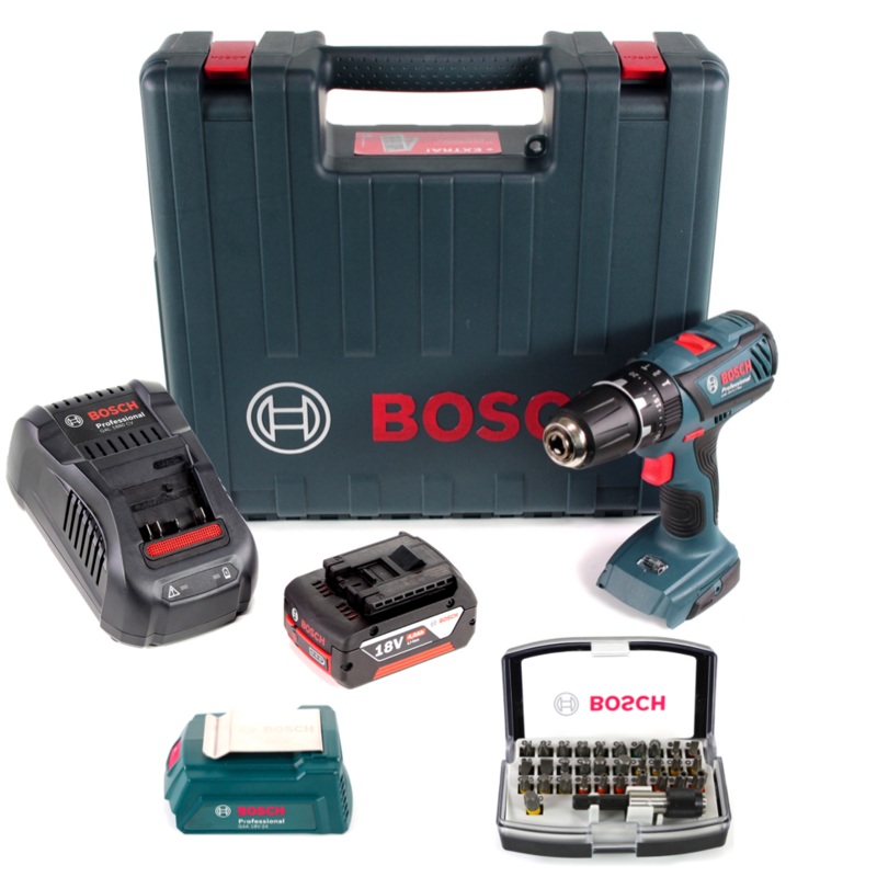 Taladro de impacto Bosch GSB 18-2-Li Plus Professional 18 V en maletn + 1x batera GBA 6,0 Ah + Cargador rpido Bosch GAL 1880 CV + Juego de puntas Bosch 32 piezas + Adaptador de cargador USB Bosch para bateras de 18V