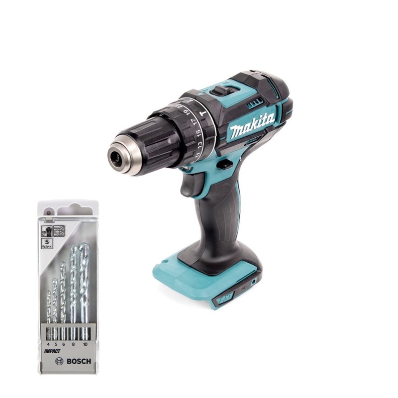 Taladro de impacto inalmbrico Makita DHP 482 Z Solo 18 V 62 Nm - sin batera ni cargador + Taladro para piedra Bosch Impact 5 piezas.