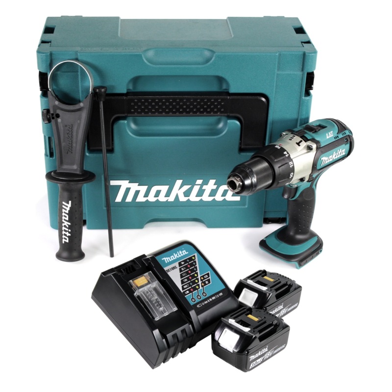 Taladro percutor inalmbrico Makita DHP 451 RFJ 18 V 80 Nm + 2x bateras 3.0Ah + cargador + Makpac