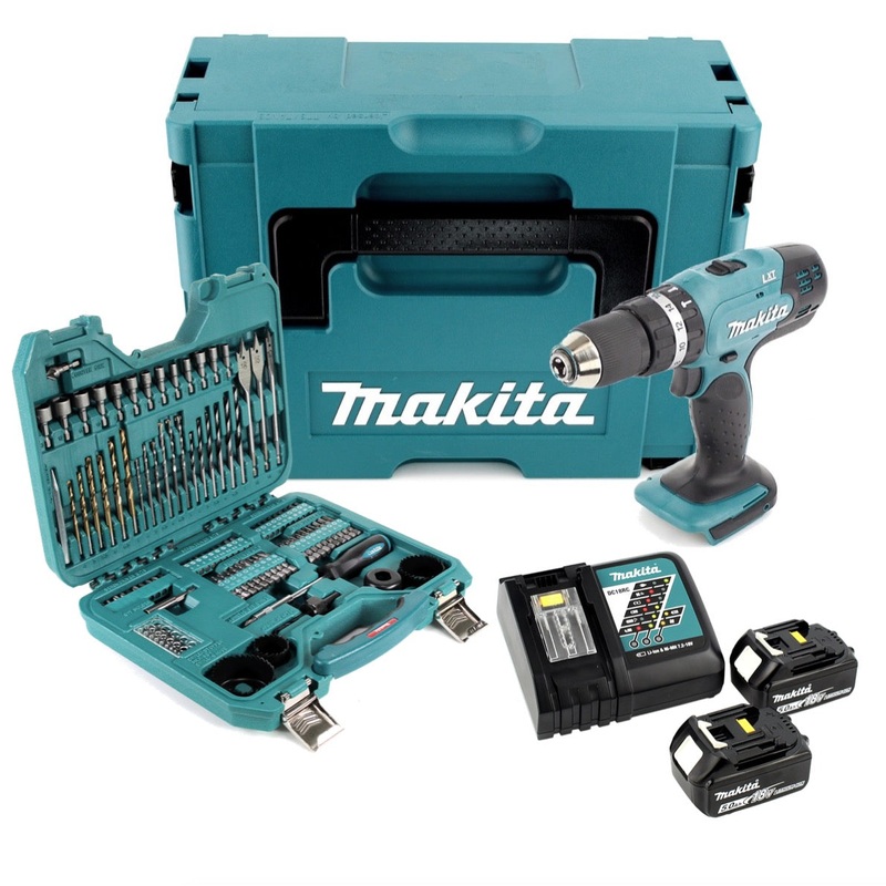 Taladro percutor inalmbrico Makita DHP 453 RTJ 18 V 42 Nm + 2 bateras de 5,0 Ah + cargador + juego de brocas y brocas de 101 piezas + Makpac