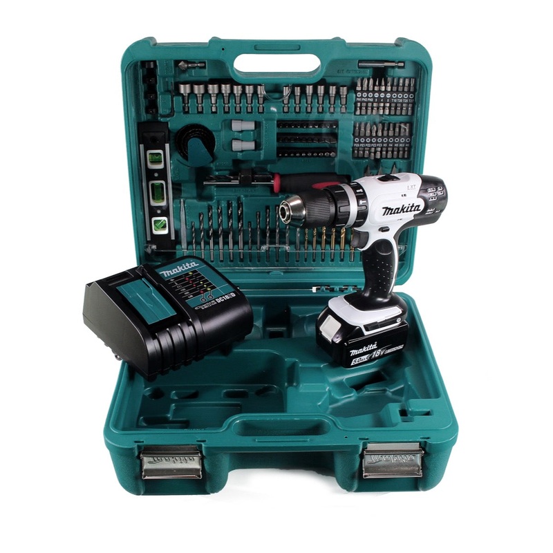 Taladro percutor inalmbrico Makita DHP 453 SFTK 18 V 42Nm + 1x batera 3,0Ah + cargador rpido + 101 piezas. Set de accesorios + estuche