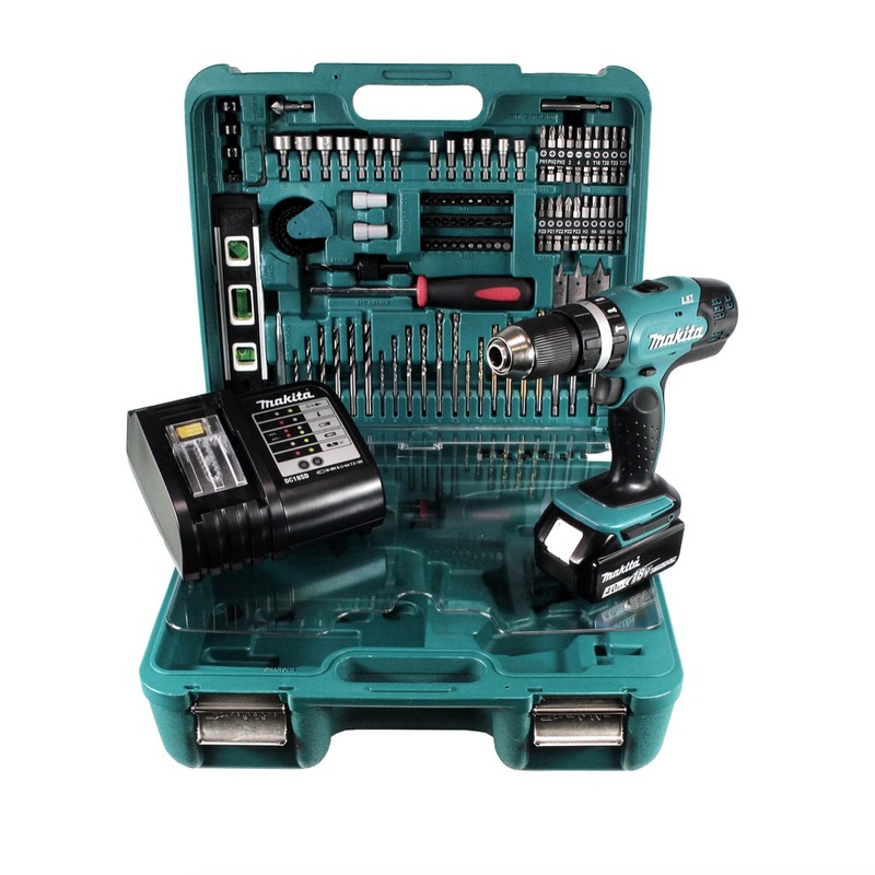 Taladro percutor inalmbrico Makita DHP 453 SMTK 18 V 42Nm + 1x batera 4,0Ah + cargador + maletn con 101 piezas. Conjunto de accesorios