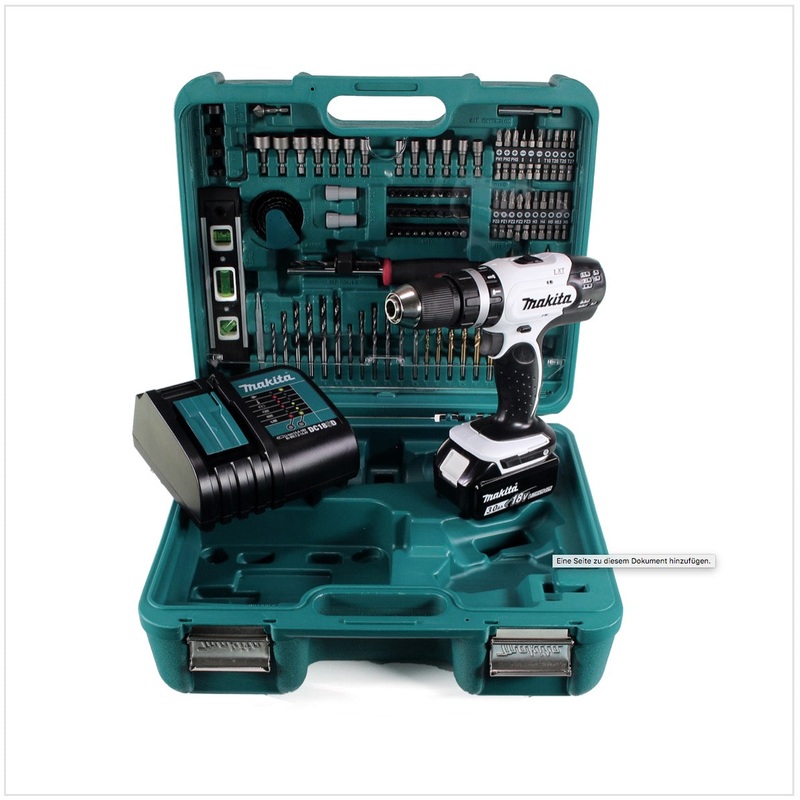 Taladro percutor inalmbrico Makita DHP 453 STTK 18 V 42 Nm + batera 5,0 Ah + cargador + set de accesorios 101 piezas
