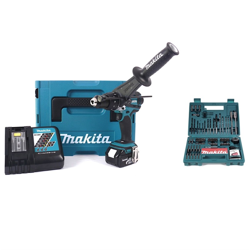 Taladro percutor inalmbrico Makita DHP 458 RF1J 18 V 91 Nm + 1 batera 3,0 Ah + cargador + juego de brocas y brocas Makita 100 piezas
