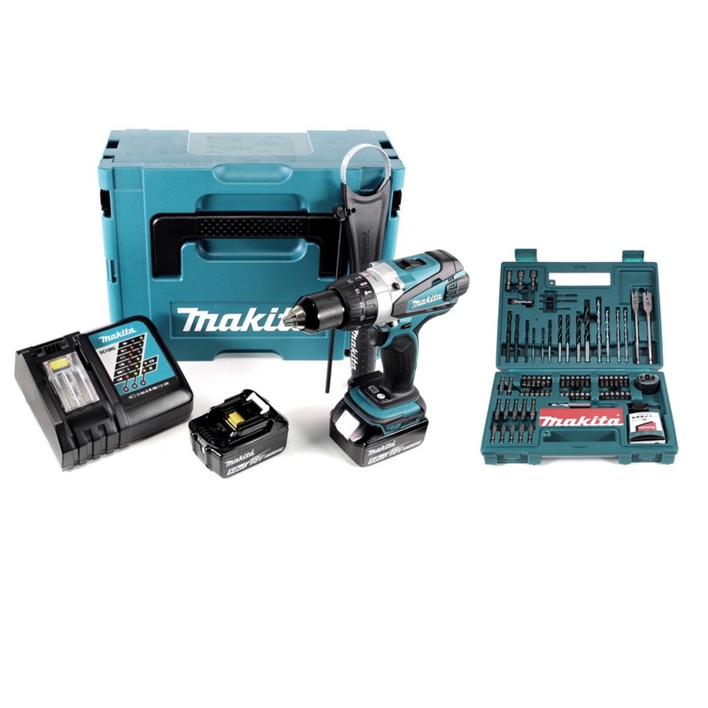 Taladro percutor inalmbrico Makita DHP 458 RTJ 18V 91Nm en Makpac + 2 bateras de 5,0 Ah + cargador + juego de brocas y brocas Makita 100 piezas