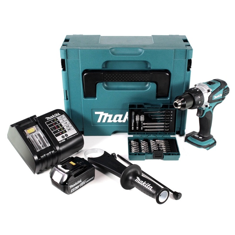 Taladro percutor inalmbrico Makita DHP 458 ST1J 18 V 91 Nm en Makpac + batera 5,0 Ah + cargador + juego de brocas y brocas de 38 piezas