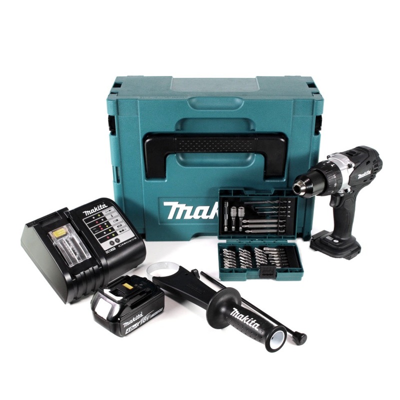 Taladro percutor inalmbrico Makita DHP 458 ST1JB 18 V 91 Nm negro en Makpac + 1 batera de 5,0 Ah + cargador + juego de brocas y brocas de 38 piezas
