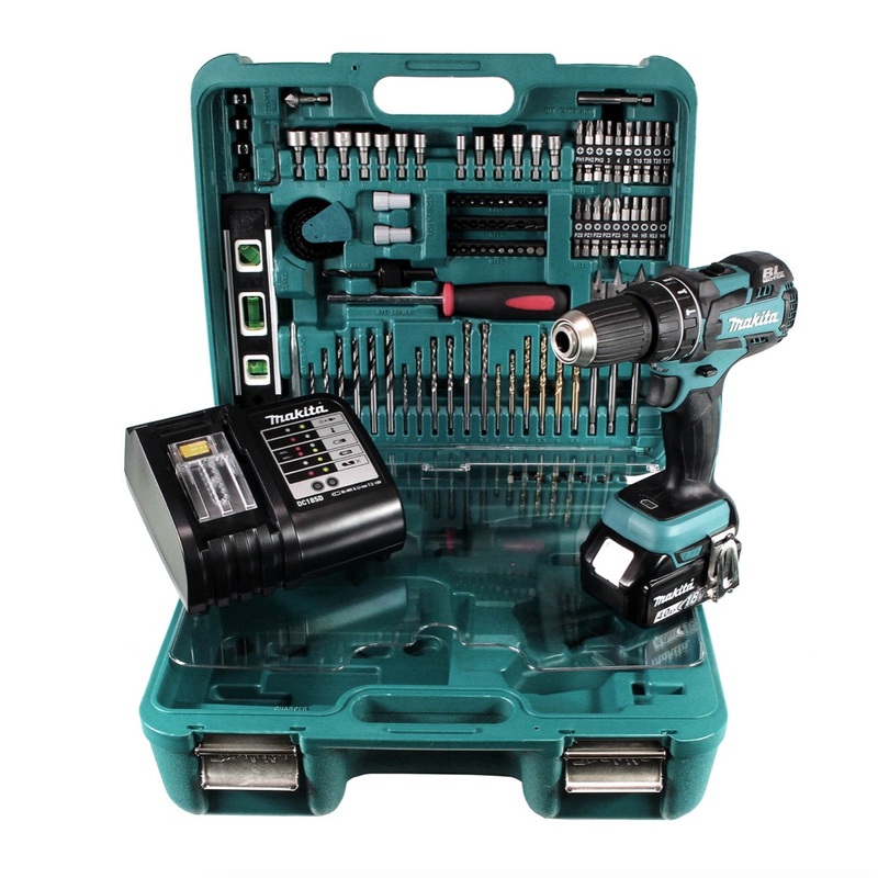 Taladro percutor inalmbrico Makita DHP 480 SMTK 18 V 54Nm + 1x batera 4,0Ah + cargador + maletn con 101 piezas. Conjunto de accesorios