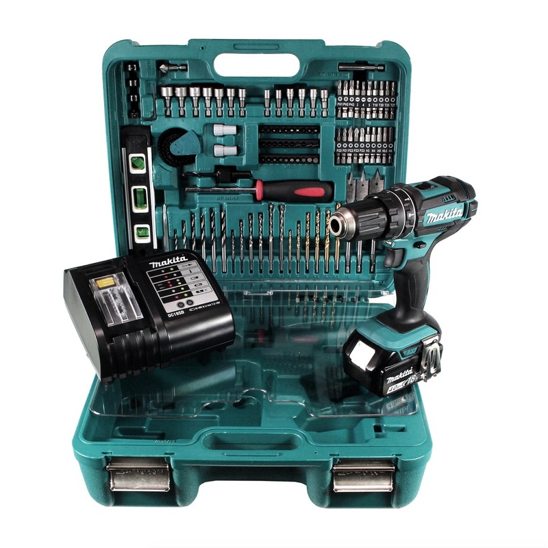 Taladro percutor inalmbrico Makita DHP 482 STTK 18 V 62 Nm en estuche + batera 5,0 Ah + cargador + set de accesorios 101 piezas