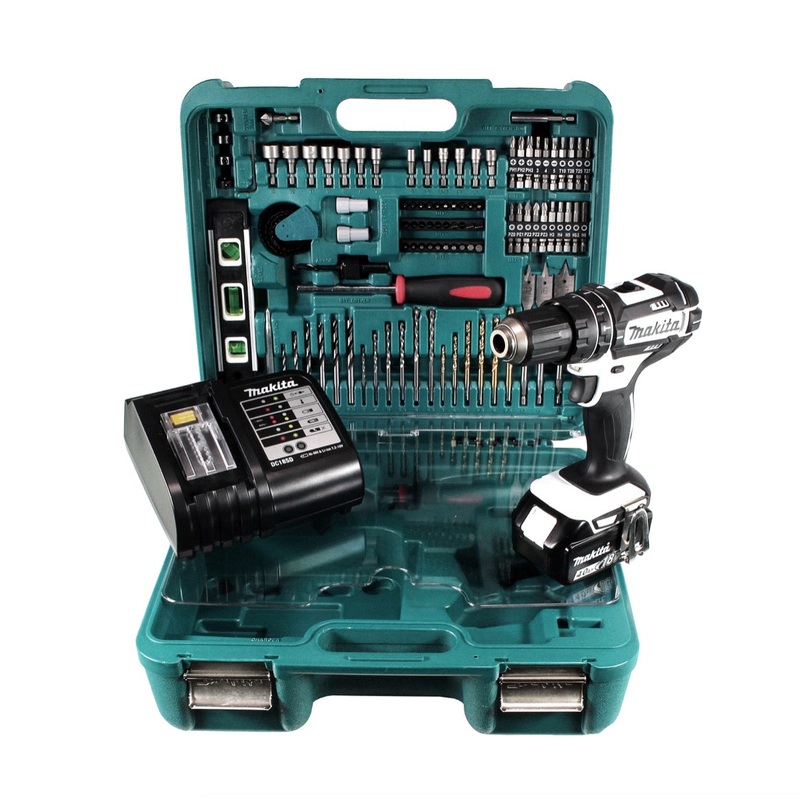 Taladro percutor inalmbrico Makita DHP 482 STTK W 18 V 62 Nm + batera 5,0 Ah + cargador + set de accesorios 101 piezas