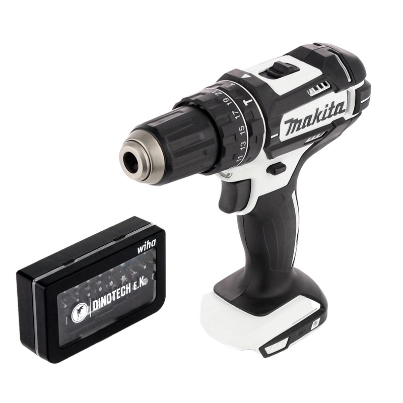 Taladro percutor inalmbrico Makita DHP 482 ZW 18 V 62 Nm Solo + juego de puntas Wiha de 31 piezas Dinotech Edition