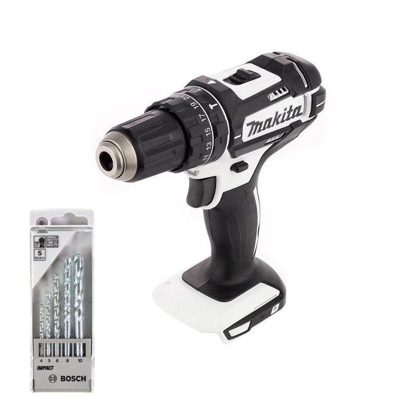 Taladro percutor inalmbrico Makita DHP 482 ZW Solo 18 V 62 Nm - sin batera ni cargador + juego de taladros para mampostera Bosch de 5 piezas