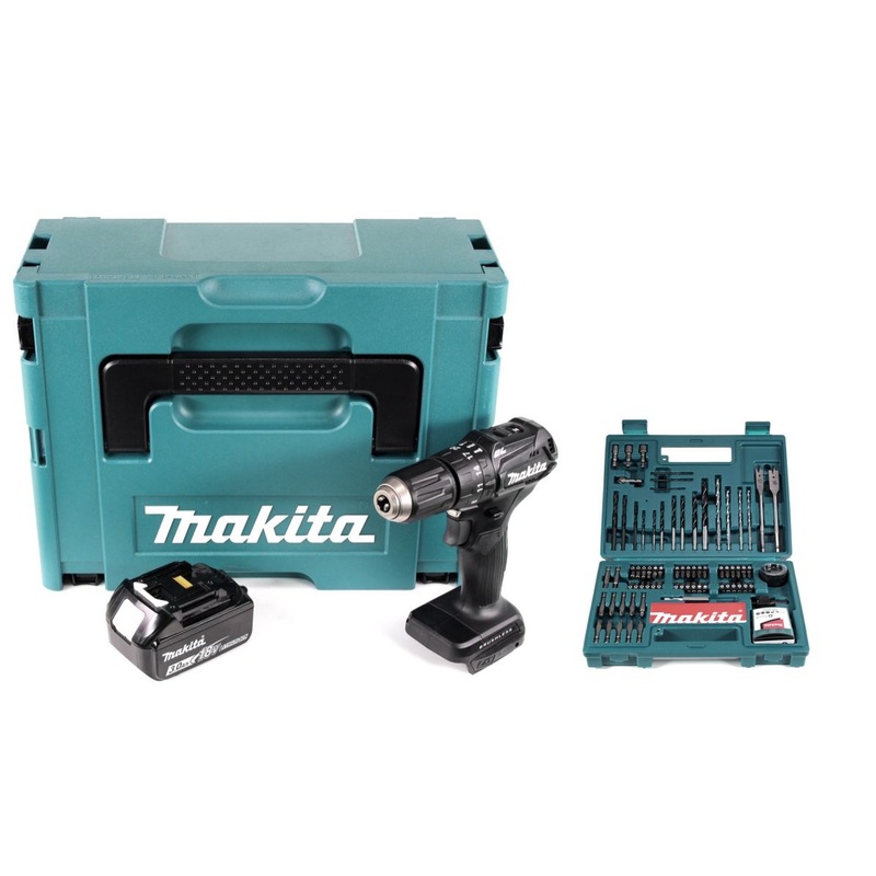 Taladro percutor inalmbrico Makita DHP 483 F1JB 18 V 40 Nm negro en Makpac + 1x batera 3.0Ah + 100 piezas. Juego de brocas y brocas