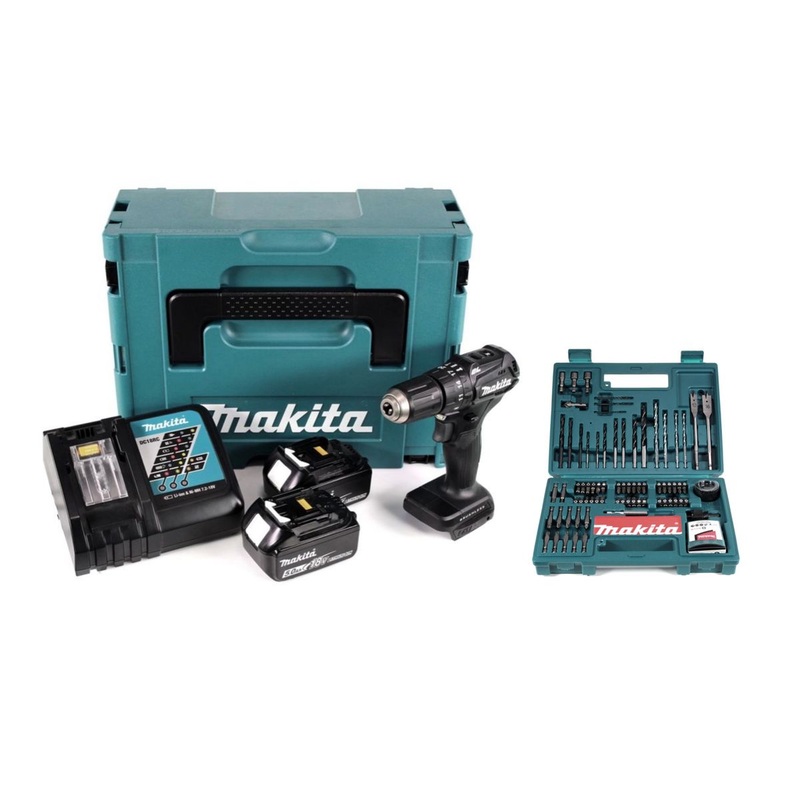 Taladro percutor inalmbrico Makita DHP 483 RTJB 18 V 40 Nm negro en Makpac + 2 bateras 5,0 Ah + cargador + 100 piezas. Juego de brocas y brocas