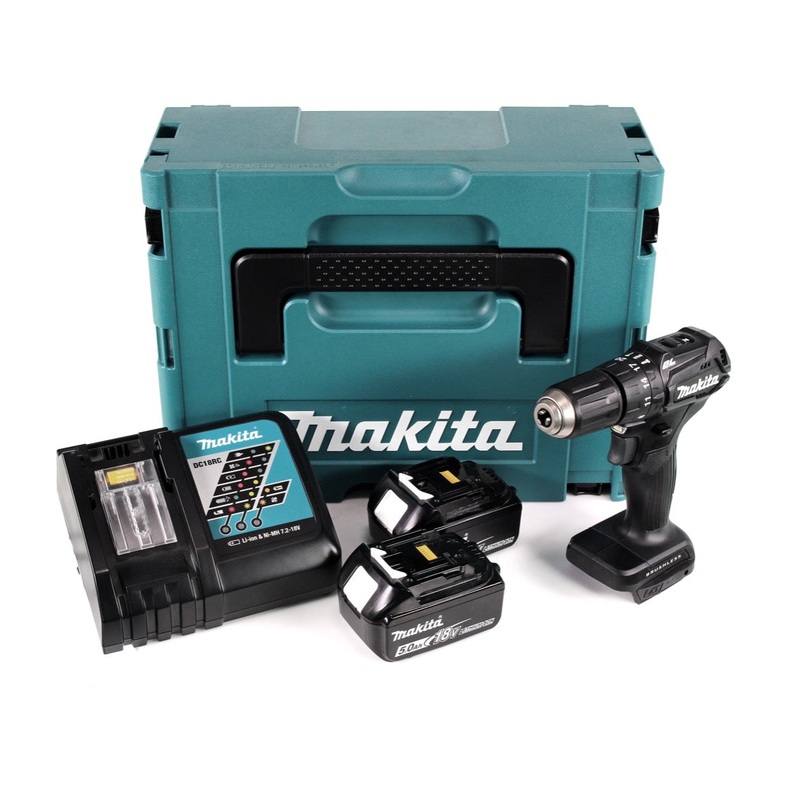 Taladro percutor inalmbrico Makita DHP 483 RTJB 18 V 40 Nm negro en Makpac + 2 bateras de 5,0 Ah + cargador