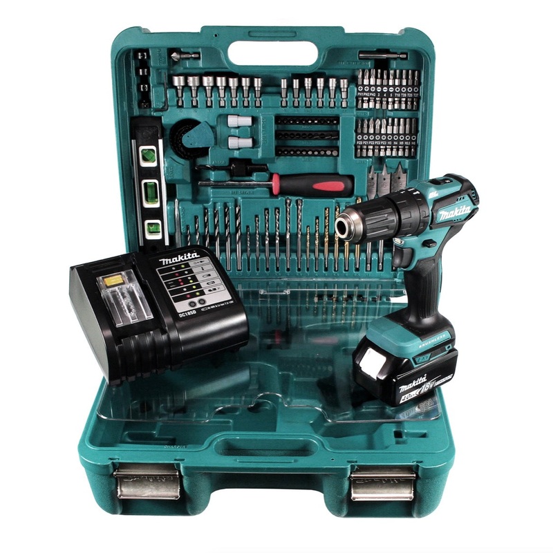 Taladro percutor inalmbrico Makita DHP 483 SMTK 18 V 40Nm sin escobillas + 1x batera 4,0Ah + cargador + maletn con 101 piezas. Conjunto de accesorios