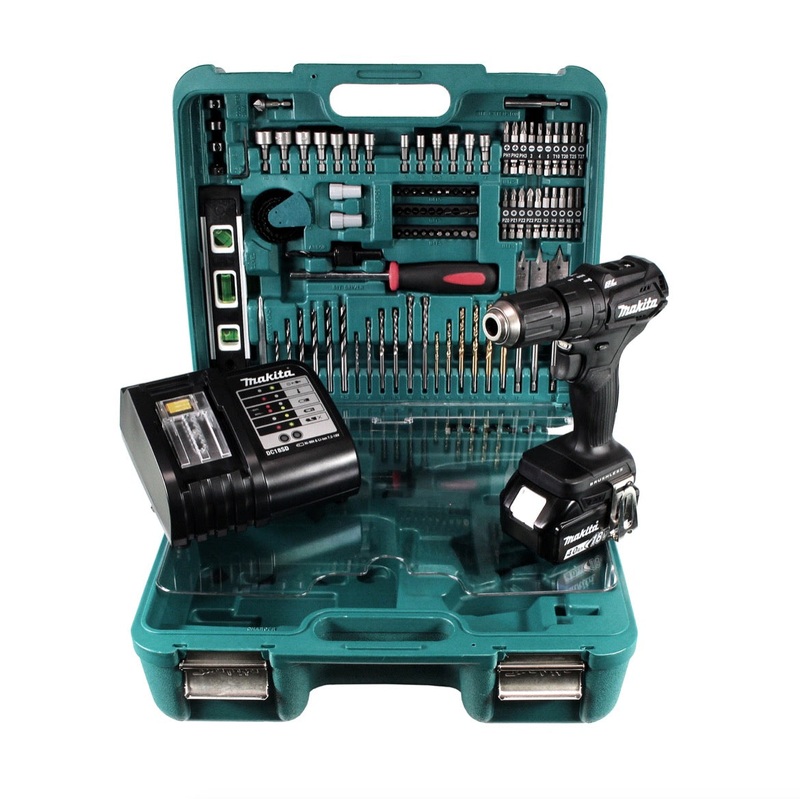 Taladro percutor inalmbrico Makita DHP 483 SMTKB 18 V 40Nm sin escobillas + 1x batera 4,0Ah + cargador + estuche con 101 piezas. Conjunto de accesorios