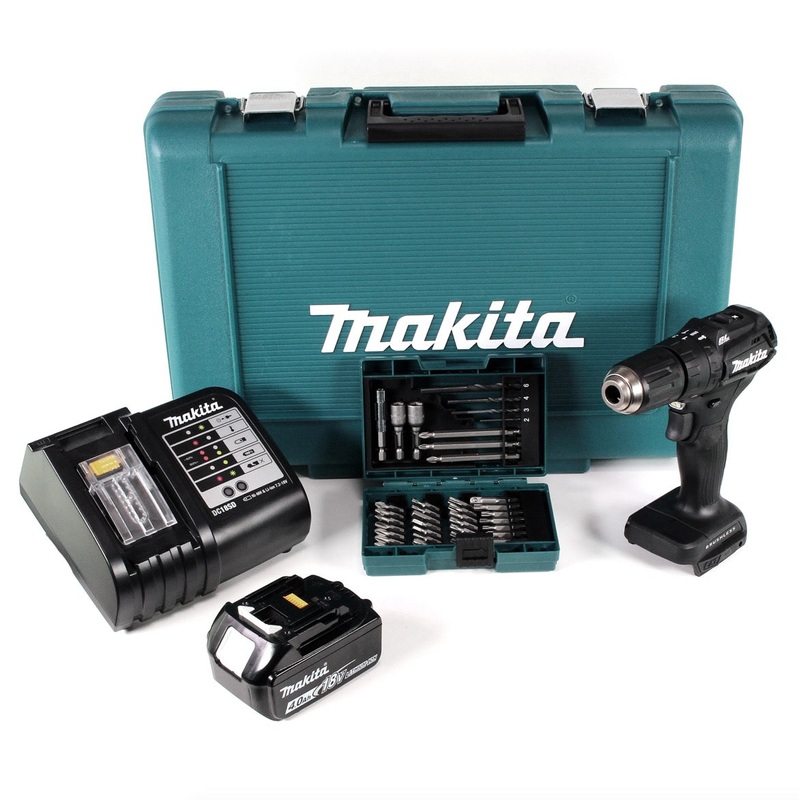 Taladro percutor inalmbrico Makita DHP 483 ST1B 18 V 40Nm negro en estuche + 38 piezas. Juego de brocas + 1x batera 5.0Ah + cargador