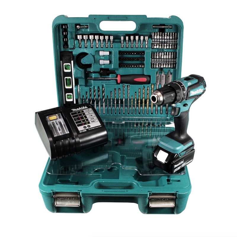 Taladro percutor inalmbrico Makita DHP 485 STTK de 18 V con batera de 5,0 Ah, cargador y set de accesorios de 101 piezas