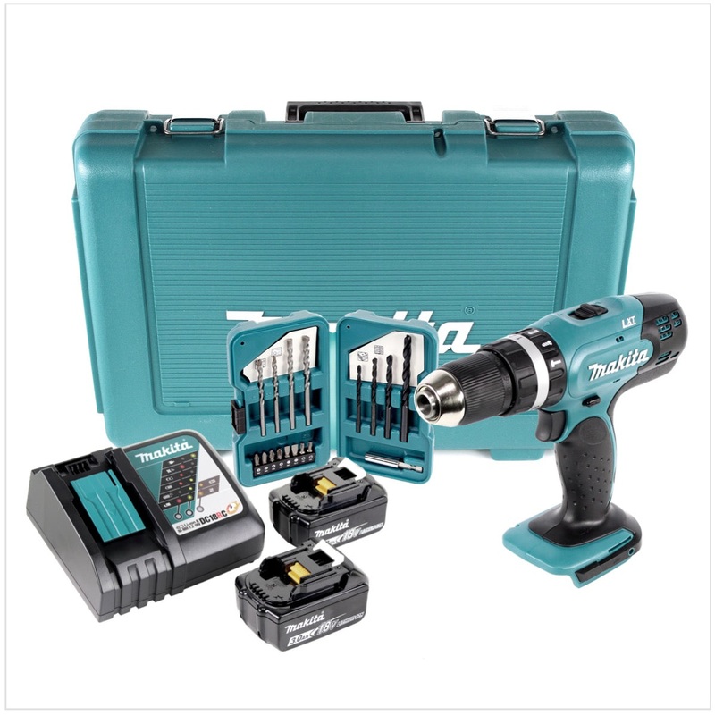 Taladro percutor inalmbrico Makita DHP453 RFE 18 V en maletn + 2 x batera BL1830 3.0 Ah + cargador DC18RC + puntas/taladro